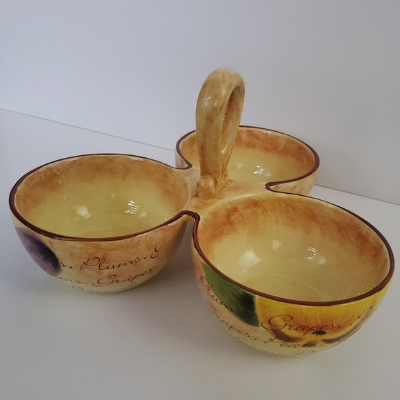 MAYFAIR & JACKSON 3 bowl divided server handle Rustic Painted Words Fruit - Picture 1 of 9